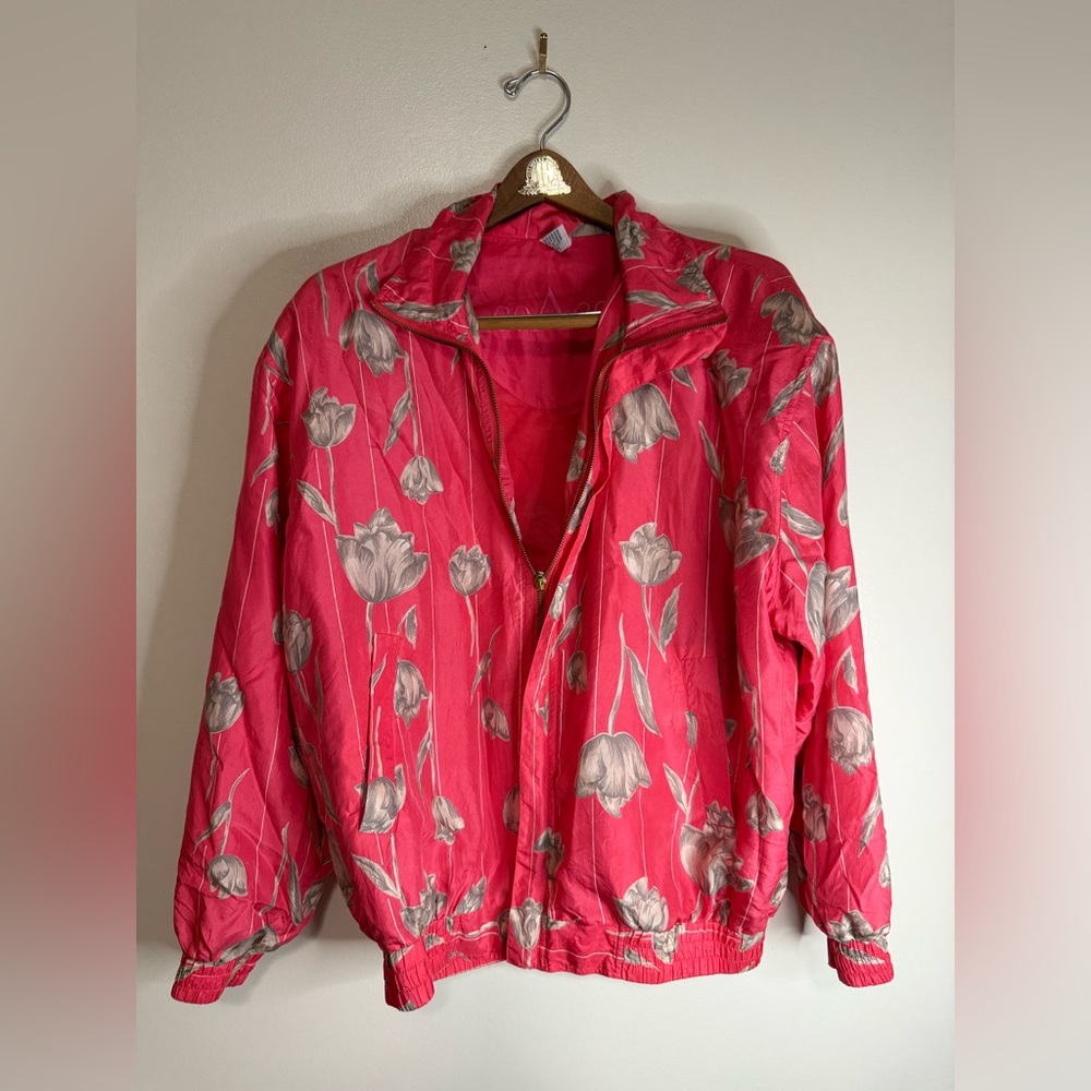CoAco Vintage Floral Pink and Gray 100% silk Jacket in size large
